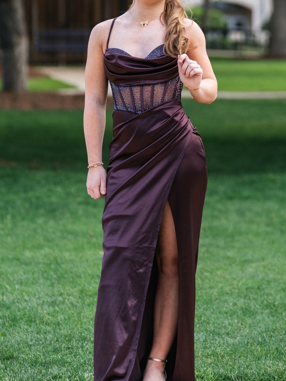 Satin Cowl Neck Evening Gown in Brown